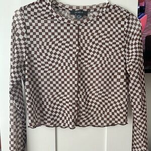 Brown Checkered Mesh Long Sleeve
